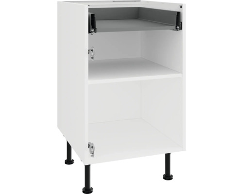 Weißer Küchenunterschrank mit Regalböden und schwarzen Füßen