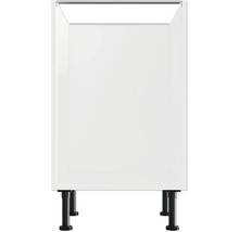 Weißer Küchenunterschrank mit schwarzen Füßen.