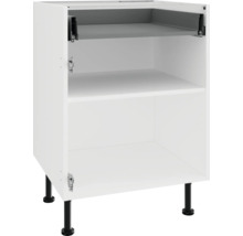 Weißer Unterschrank mit zwei Regalböden und schwarzen Füßen.