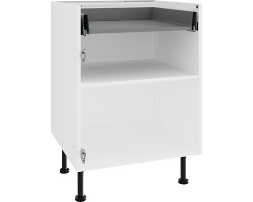 Weißer Unterschrank mit zwei Regalböden und schwarzen Füßen.