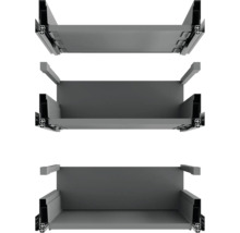 Drei Ansichten eines Schubladenelements aus Metall