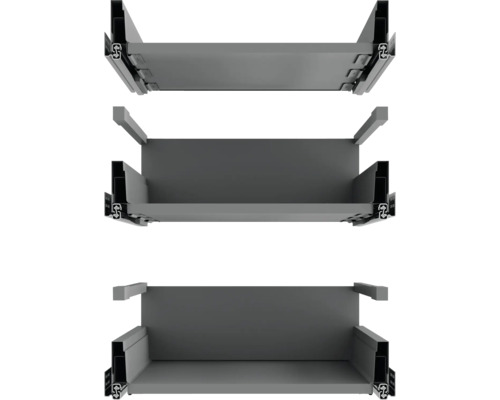 Drei Ansichten eines Schubladenelements aus Metall