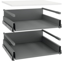 Zwei graue Schubladeneinsätze mit Auszugsschienen und einer weißen Tischplatte.