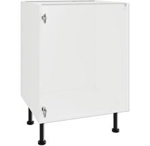 Weißer Küchenunterschrank mit schwarzen Füßen.