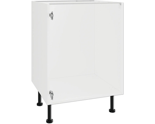 Weißer Küchenunterschrank mit schwarzen Füßen.