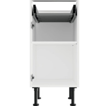 Weißer Unterschrank mit zwei offenen Fächern und schwarzen Füßen