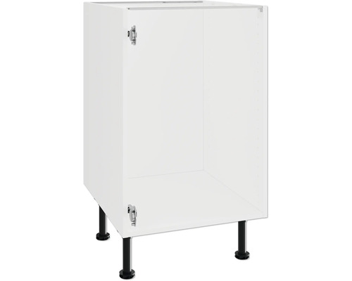 Weißer Unterschrank ohne Tür und mit schwarzen Füßen