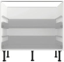 Weißer Küchenunterschrank mit verstellbaren Füßen.