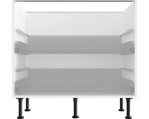 Weißer Küchenunterschrank mit verstellbaren Füßen.