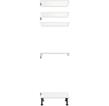 Weißer Waschbeckenunterschrank mit vier Schubladen und schwarzen Füßen.