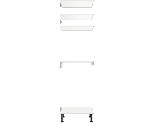 Weißer Waschbeckenunterschrank mit vier Schubladen und schwarzen Füßen.