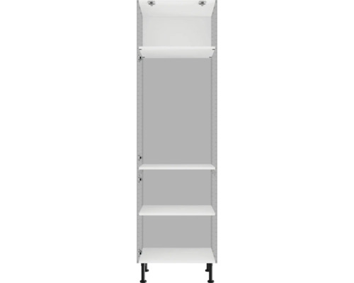 Weißer Hängeschrank mit Regalbrettern und schwarzen Füßen zur Wandmontage