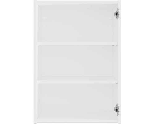 Innenansicht eines weißen Badezimmerschranks mit zwei Einlegeböden