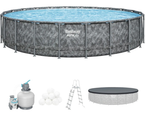 Aufstellpool Framepool-Set Bestway APX365™ rund Ø 671x132 cm inkl. Sandfilteranlage, Leiter und Abdeckplane grau/blau Bestway Frame Pool Set mit Sandfilteranlage, Sicherheitsleiter, Poolabdeckung und Filterbällen