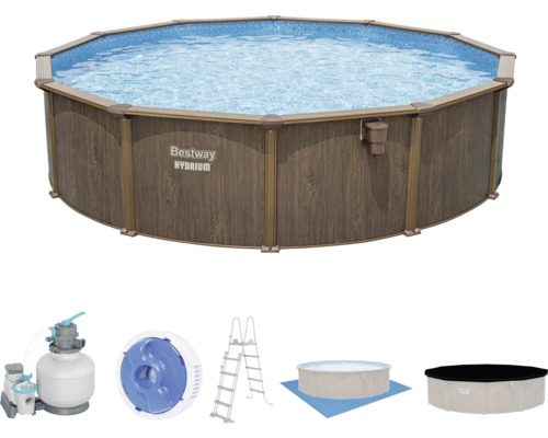 Bestway Hydrium Poolset mit Stahlwand, Sandfilteranlage, Skimmer, Leiter, Abdeckplane und Bodenschutzplane