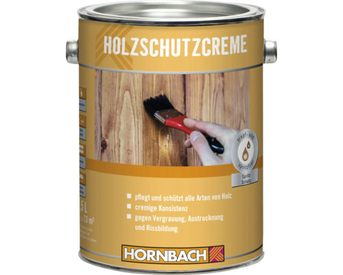 Holzschutzcreme Dose mit Abbildung eines Anstrichs mit Pinsel