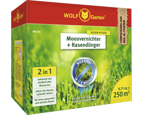 Moosvernichter + Rasendünger WOLF-Garten, 8,75 kg / 250 m² Reg.Nr. 3608-908 Wolf Garten Moosvernichter plus Rasendünger, 8,75 Kilogramm, für 250 Quadratmeter Rasenfläche