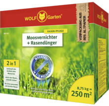 Wolf Garten Moosvernichter plus Rasendünger Packung mit 8.75 Kilogramm für 250 Quadratmeter Rasenfläche.