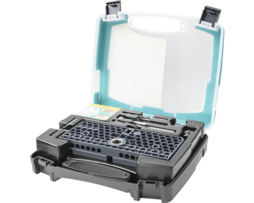 Exzenter-Möbelverbinder-Set Wolfcraft Dübelbohrlehren-Set in geöffnetem Koffer