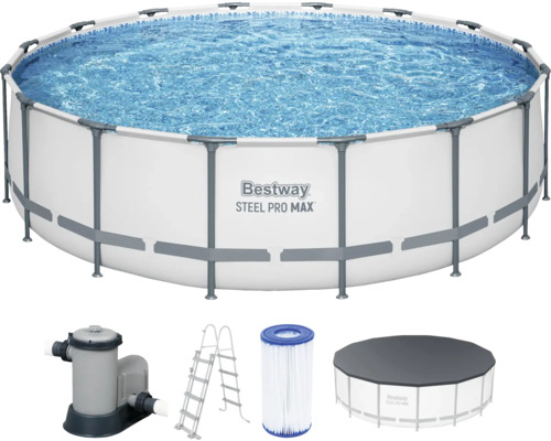 Aufstellpool Framepool Bestway Ø 488 cm 488 x 488 x 122 cm 19480 l grau inkl. Filteranlage Leiter Poolabdeckung Bestway Stahlrahmenpool Set mit Filterpumpe, Leiter, Filterkartusche und Abdeckplane