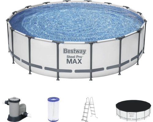Aufstellpool Framepool Bestway Ø 488 cm 488 x 488 x 122 cm 19480 l grau inkl. Filteranlage Leiter Poolabdeckung Bestway Steel Pro MAX Frame Pool Set mit Filterpumpe, Leiter und Abdeckplane