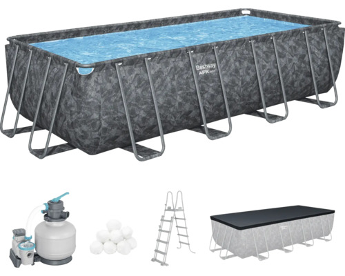 Rechteckiger Pool mit Filterpumpe, Poolleiter, Poolabdeckung und Filterbällen