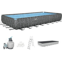 Rechteckiger Stahlrahmenpool mit Filteranlage, Poolleiter, Abdeckung und Filterbällen