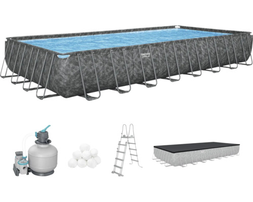 Rechteckiger Stahlrahmenpool mit Filteranlage, Poolleiter, Abdeckung und Filterbällen