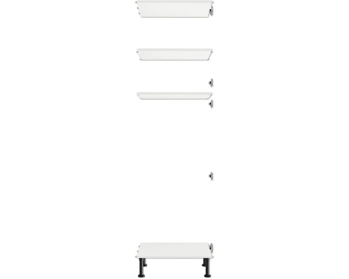 Mehrere weiße Regalböden mit verstellbaren Füßen