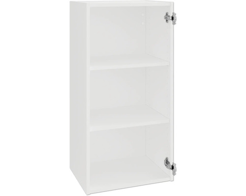 Weißer Hängeschrank mit zwei Regalböden und einer offenen Tür.