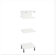 Drei Ansichten eines weißen Badezimmermöbels mit Regal und Füßen