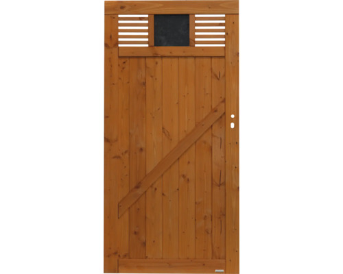 Einzeltor Konsta Latina mit Schloßfräsung 90 x 180 cm douglasie kirschbaumfarben lasiert Holztor mit Schiefertafel und Lamellen