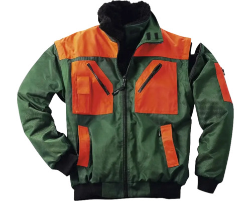 Grüne und orangefarbene Arbeitsjacke mit mehreren Taschen