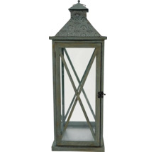 Dekorative Laterne aus Holz und Glas mit Kreuzmuster.