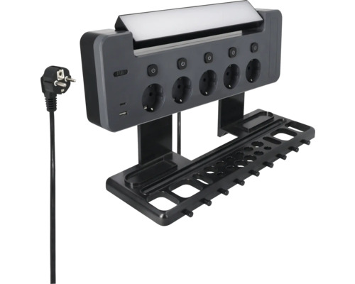 Steckdosenleiste QLink 5-fach 2 x 5 x 230 V IP 21 schwarz/grau Steckdosenleiste mit USB-Anschlüssen und Halterung