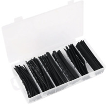 Sortiment schwarzer Schrumpfschläuche in einer transparenten Kunststoffbox