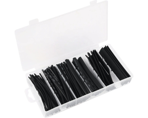 Schrumpfschlauch-Set QLink 100-tlg. ohne Kleber Sortiment schwarzer Schrumpfschläuche in einer transparenten Kunststoffbox