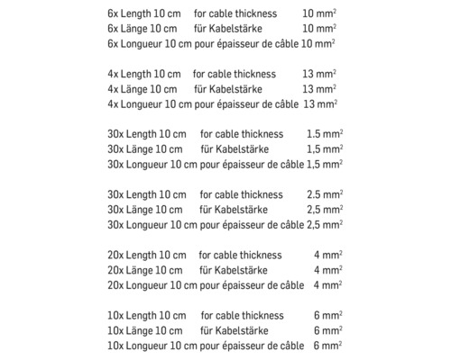 Informationen zur Kabellänge und -stärke in verschiedenen Größen