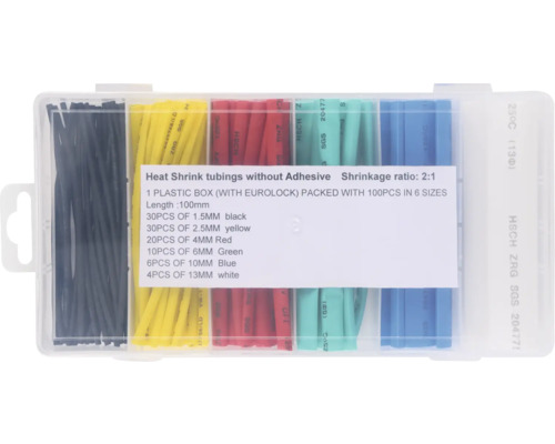 Sortiment Schrumpfschläuche ohne Klebstoff im Kunststoffkasten mit Euroloch, 100 Stück in sechs Größen