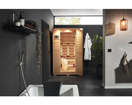 Infrarotkabine Home Deluxe Resdsun M Vollspektrum 120x105x190 cm Modernes Badezimmer mit Infrarotsauna, Badewanne und dunkler Einrichtung für ein entspannendes Ambiente
