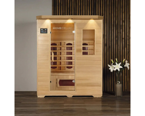 Infrarotsauna aus Holz mit Glaselementen und digitalem Bedienfeld
