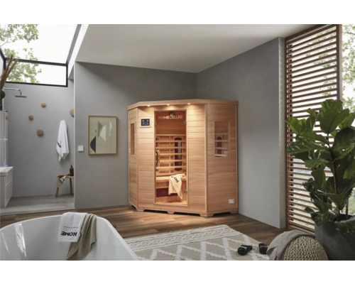 Modernes Badezimmer mit Home Deluxe Sauna und Badewanne für Wellness
