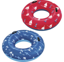 Zwei aufblasbare Schwimmringe mit unterschiedlichen Motiven und Griffen.
