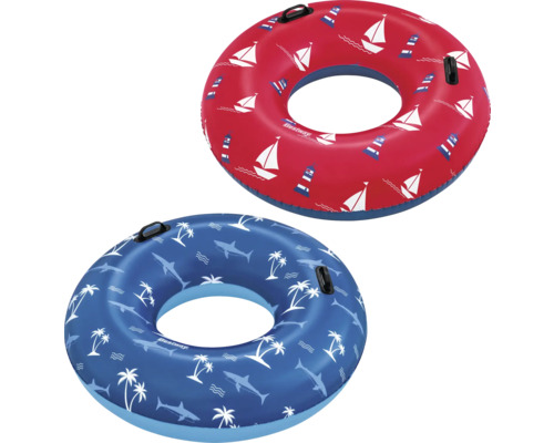 Zwei aufblasbare Schwimmringe mit unterschiedlichen Motiven und Griffen.