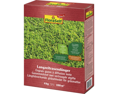 Langzeit-Rasendünger FloraSelf Select 4 kg / 100 m² FloraSelf Langzeitrasendünger für eine langanhaltende Rasenpflege, 4 Kilogramm für 100 Quadratmeter