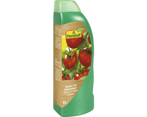 FloraSelf Tomaten und Gemüsedünger in einer 1-Liter-Flasche.