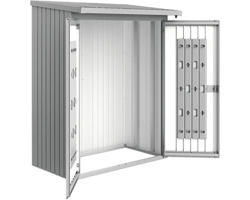 Türpaket Biohort WoodStock 150, 138 x 172,5 cm, silber Geöffneter Geräteschuppen aus Metall mit Schiebetür