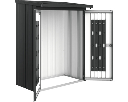 Türpaket Biohort WoodStock 150, 138 x 172,5 cm, dunkelgrau-metallic Metall Gerätehaus mit geöffneten Türen.
