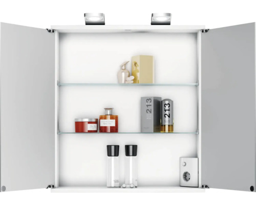 Offener Spiegelschrank mit Glasablagen zur Aufbewahrung von Badartikeln