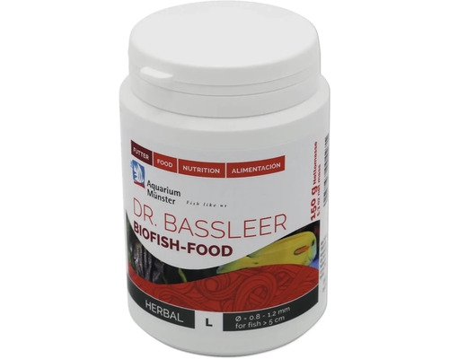 Dr Bassleer Biofish-Food in einer weißen Dose mit 150 Gramm Inhalt
